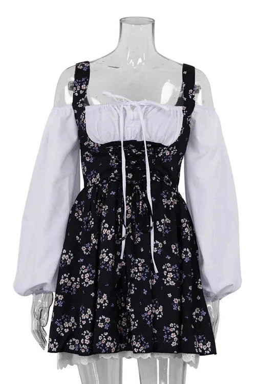Glorol - Puff Sleeve Two Piece Strapless Lace Up Mini Dress