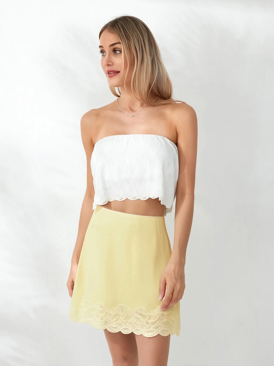 Glorol - Elastic Waist Lace Patchwork Skirt