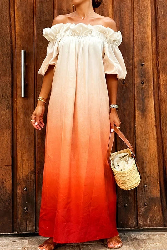 Glorol - Off-Shoulder Pleated Loose Slash Collar Printed Maxi Dress