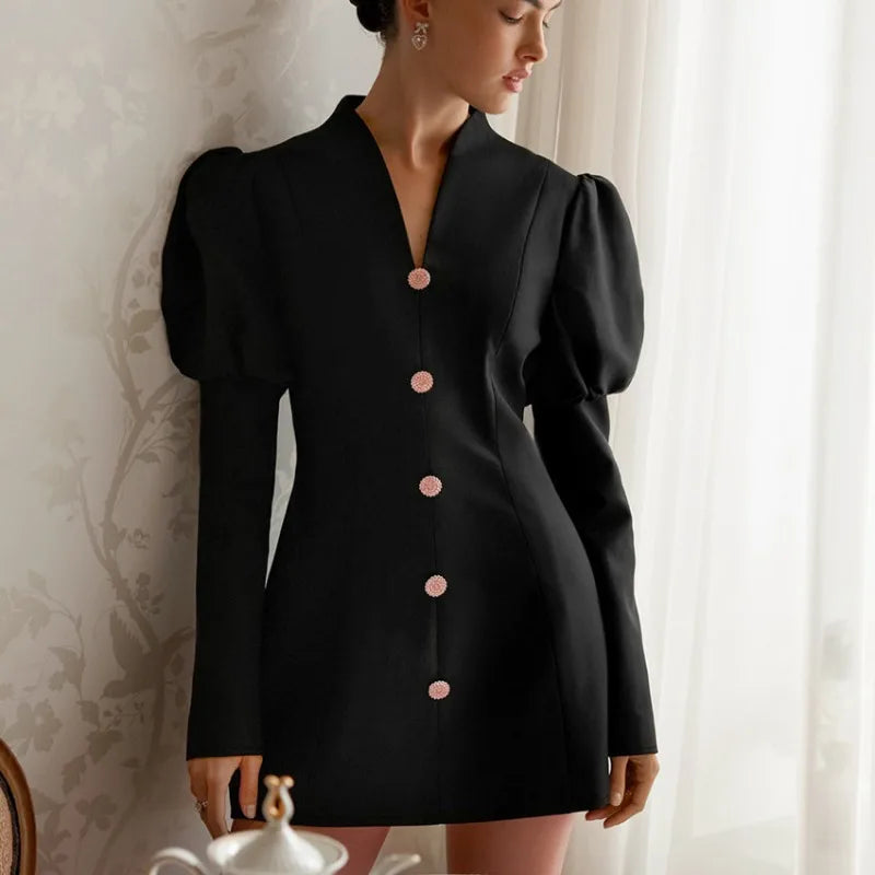 Glorol - Elegant V-Neck Puff Sleeve Mini Dress