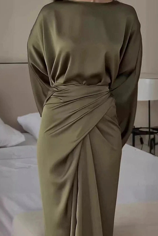Glorol - Elegant Tie-up Waisted O Neck Sleeves Maxi Dress