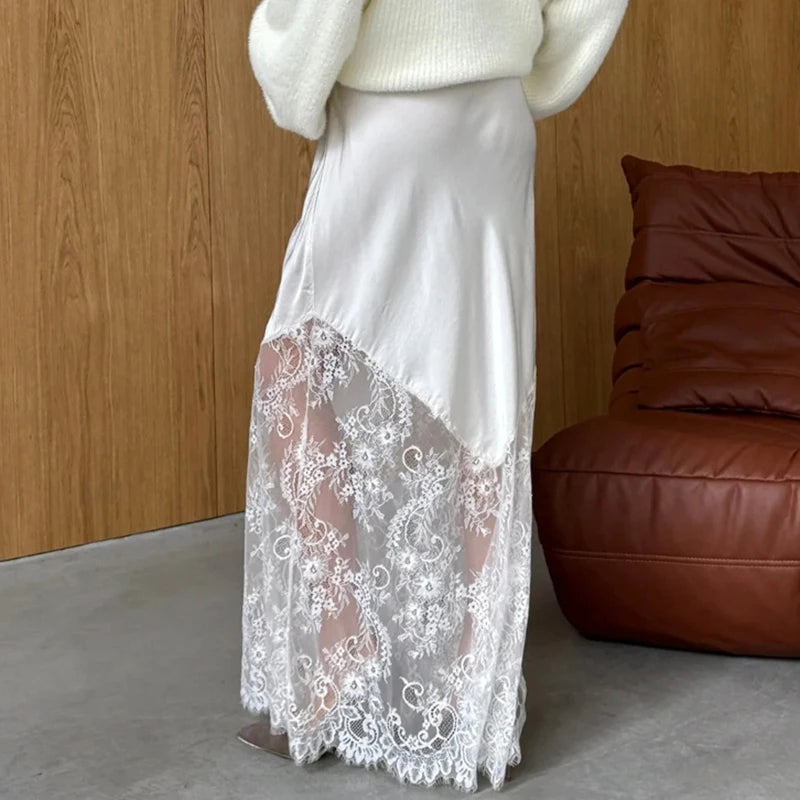 Glorol - High Waist Lace Patchwork See Through Skirt