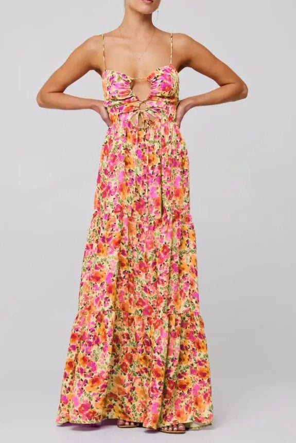 Glorol - Sleeveless Spaghetti Strap Floral Print Maxi Dress