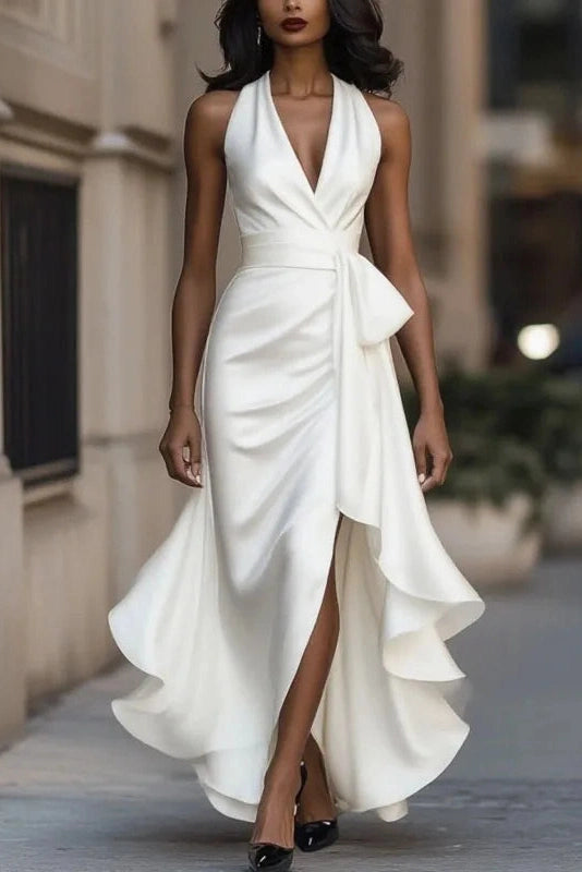 Glorol - Lace Up Off Shoulder V-Neck Slim Pleated Irregular Maxi Dress