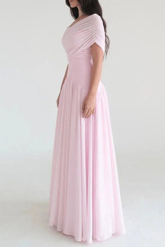 Glorol - Off Shoulder High Waist Pleated Maxi Dress