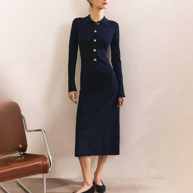 Glorol - Button Lapel Collar High Waisted Long Sleeve Midi Dress