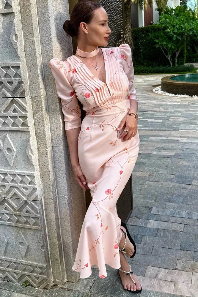 Printed V-Neck High Waist Slim Lace-Up Maxi Dress