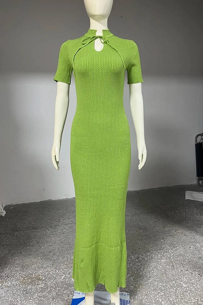 Glorol - Hollow-Out Short Sleeve Knitted Slim High Waist Maxi Dress