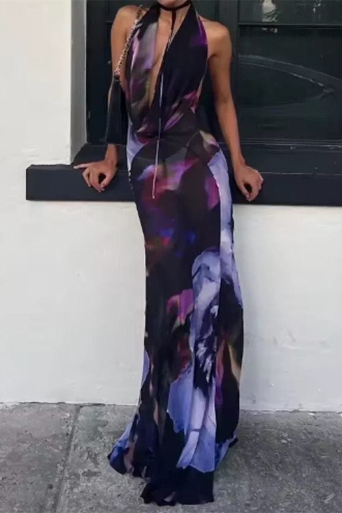 Glorol - Elegant Deep V-Neck Sleeveless Backless Slim Printed Maxi Dress