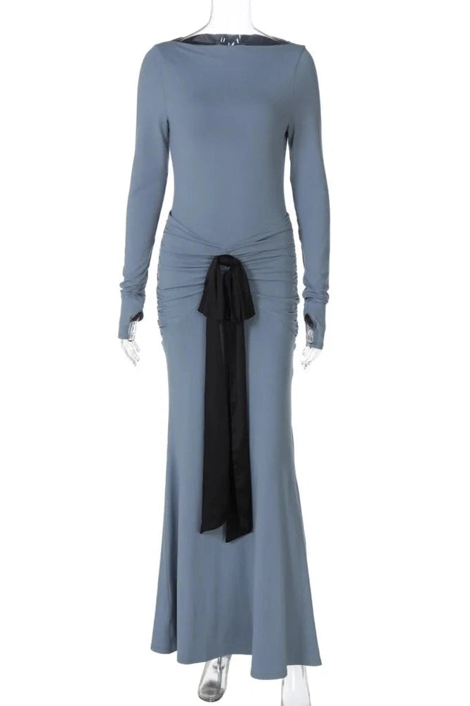 Glorol - Long Sleeve Patchwork O Neck Bodycon Maxi Dress