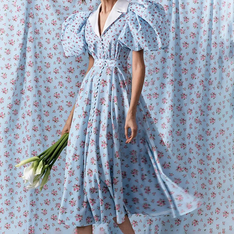 Glorol - Printed V Neck High Waist A-Line Mini Dress