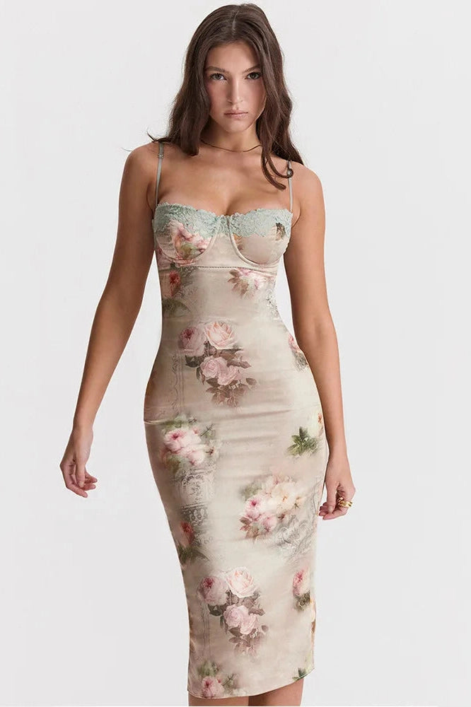 Glorol - Spaghetti Strap Lace Print Strapless Backless Midi Dress