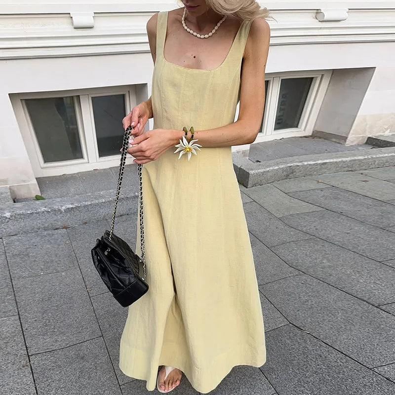 Glorol - Elegant Square Neck Backless High Waist Sleeveless Maxi Dress