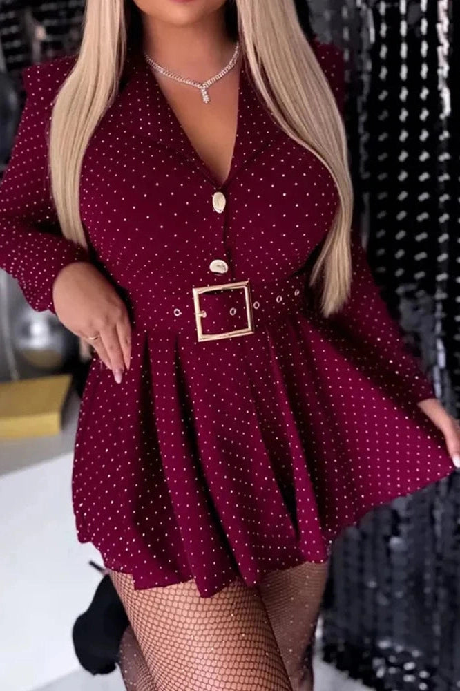 Glorol - Elegant Long Sleeve Pleated High Waist Slim Printed Mini Dress