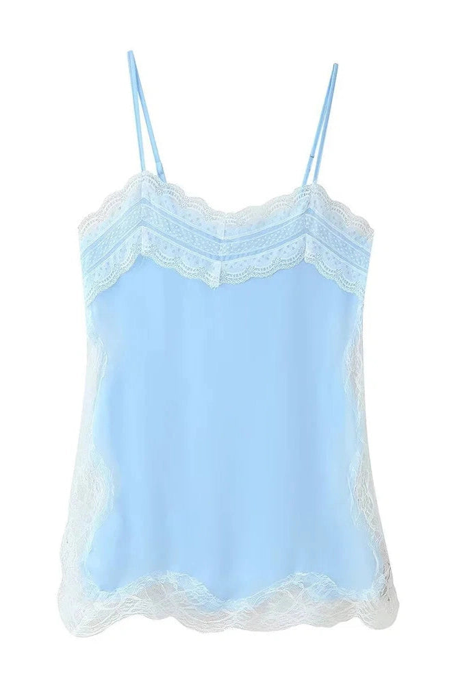 Glorol - Lace Backless Patchwork Strap Printed Slim Top