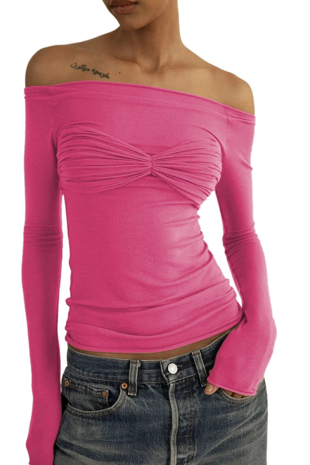 Glorol - Off-Shoulder Long Sleeve See-Through Lace Top