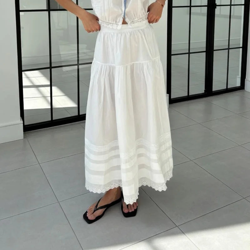 Glorol - High Waist Pleated Loose Lace Skirt
