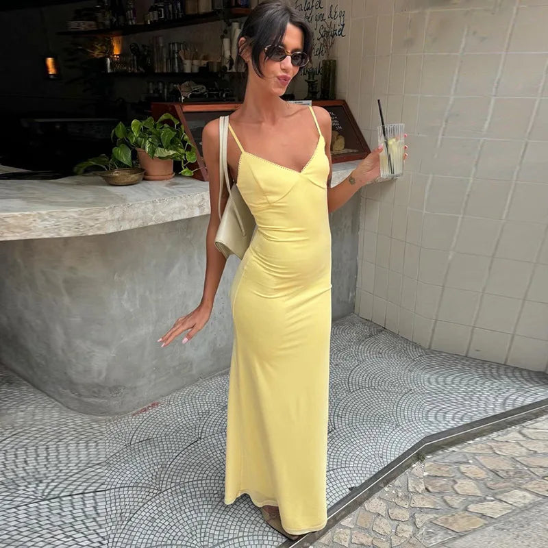 Spaghetti Strap V Neck Backless Slim Maxi Dress