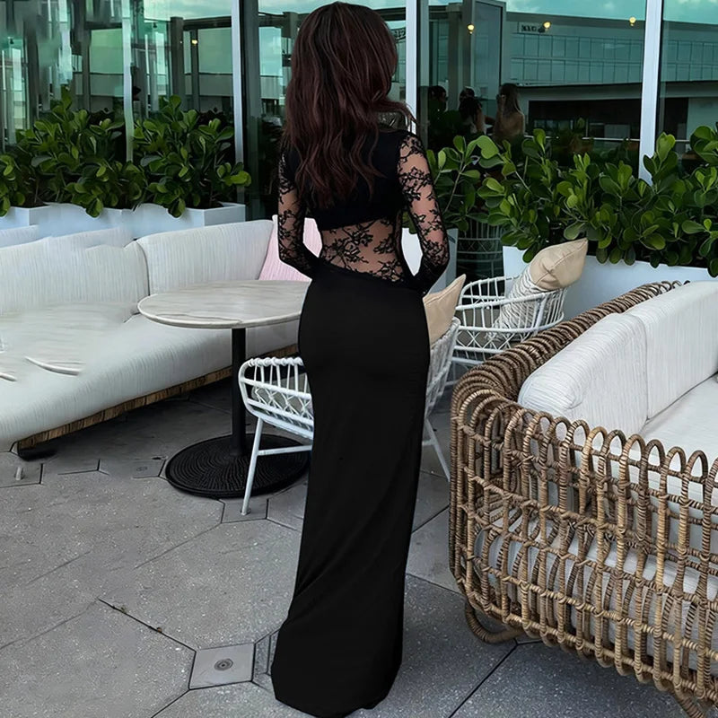 Glorol - Elegant Patchwork See Through High Waist Maxi Dress