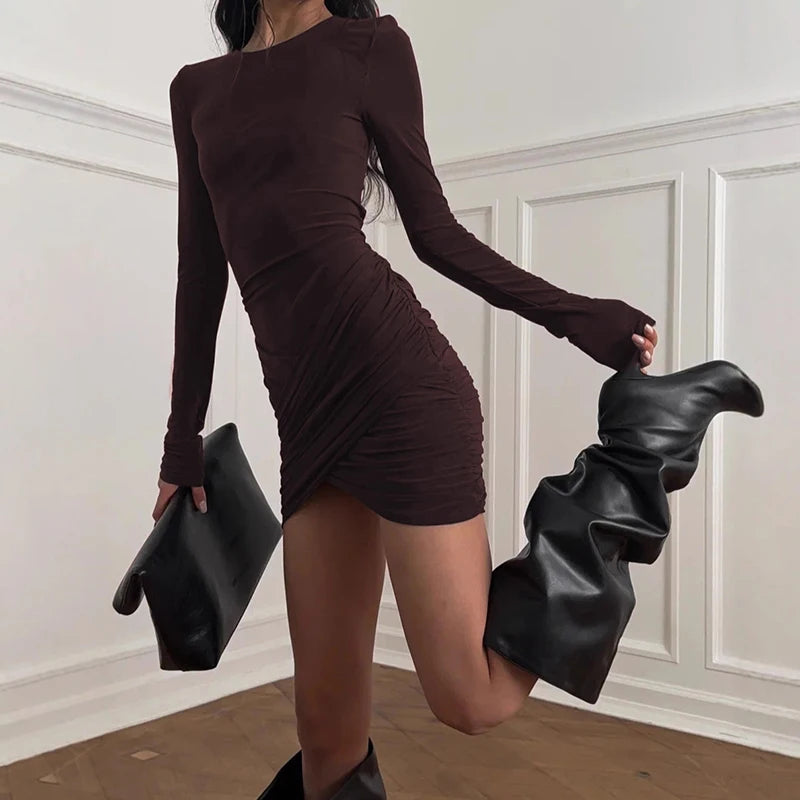 Glorol - O Neck Long Sleeve Bodycon Mini Dress