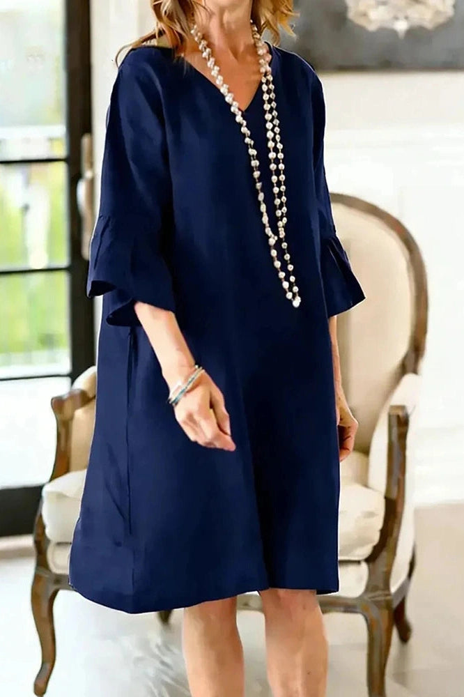 Glorol - Half Sleeve V-Neck Loose Pleated A-Line Mini Dress