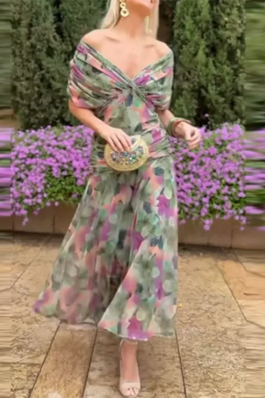 Glorol - Elegant Pleated Printed Maxi Dress