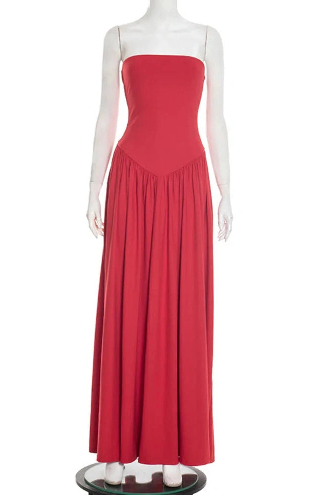 Glorol - Off-Shoulder Strapless Sleeveless Backless Pleated Bodycon Maxi Dress