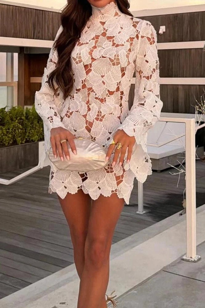 Glorol - Lace Hollow Out High Waist Turtleneck Long Sleeve Mini Dress