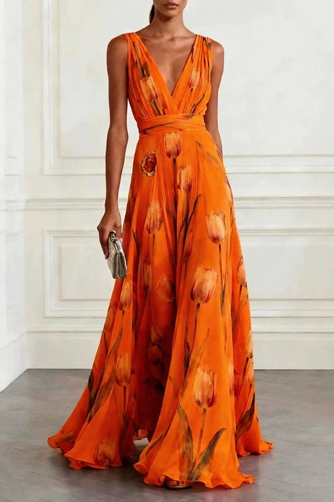 Glorol - Sleeveless Pleated Printed High Waist V-Neck Maxi Dress