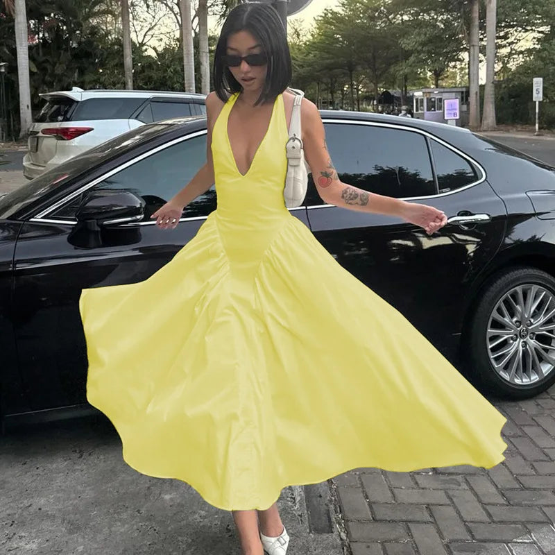Glorol - Deep V Neck A-Line Pleated Midi Dress