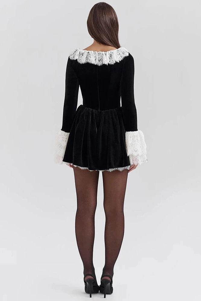 Glorol - Lace Flare Long Sleeve High Waist Pleated Mini Dress