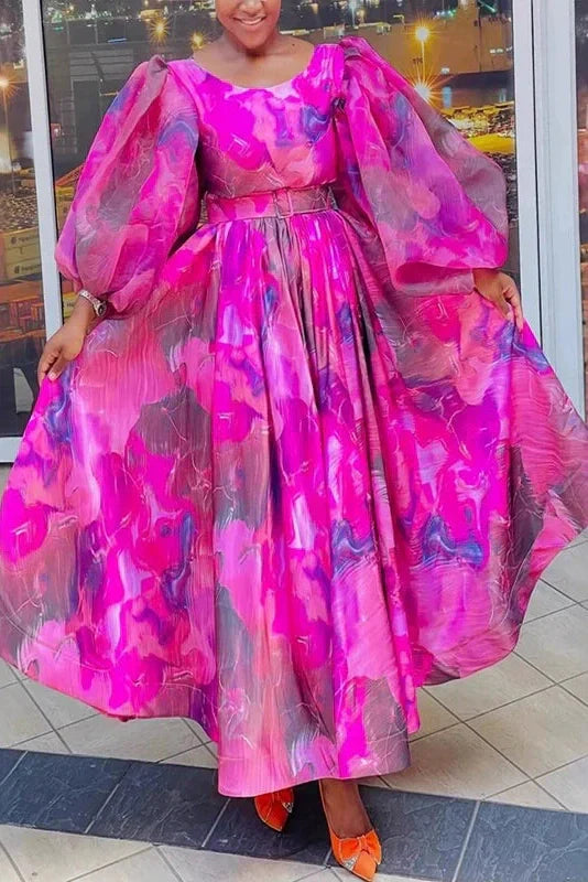 Square Collar Pleated High Waist Printed Long Sleeve Maxi Dress
