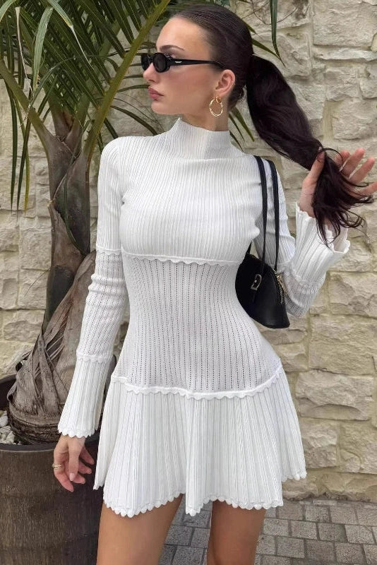 Glorol - Elegant Slim Knitted Turtleneck Sleeves High Waist Mini Dress