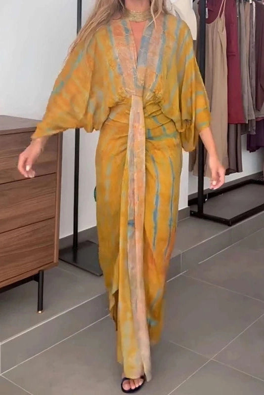 Glorol - Sleeves Loose Printed Tie-Up V-Neck High Waist Pleated Maxi Dress