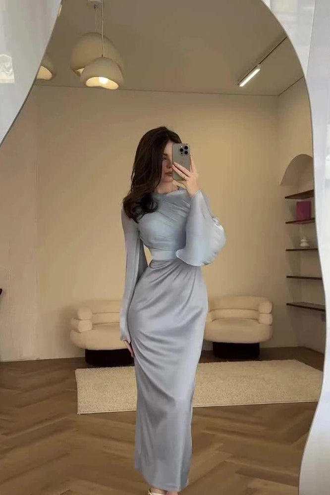 Glorol - Elegant O-Neck Long Sleeve Slim Maxi Dress