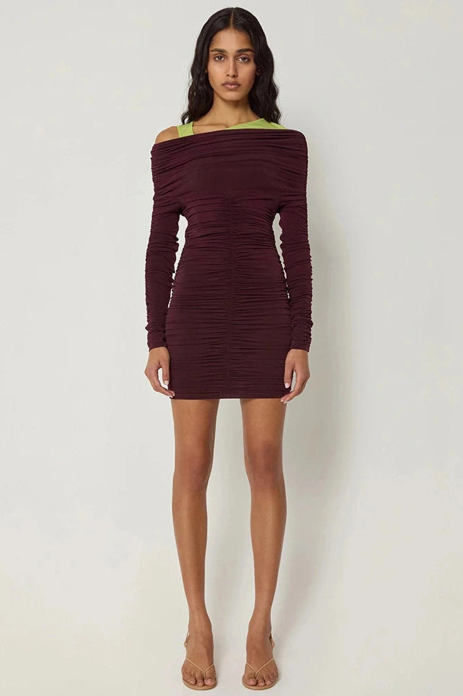 Glorol - Inclined Shoulder Long Sleeve Backless Mini Dress