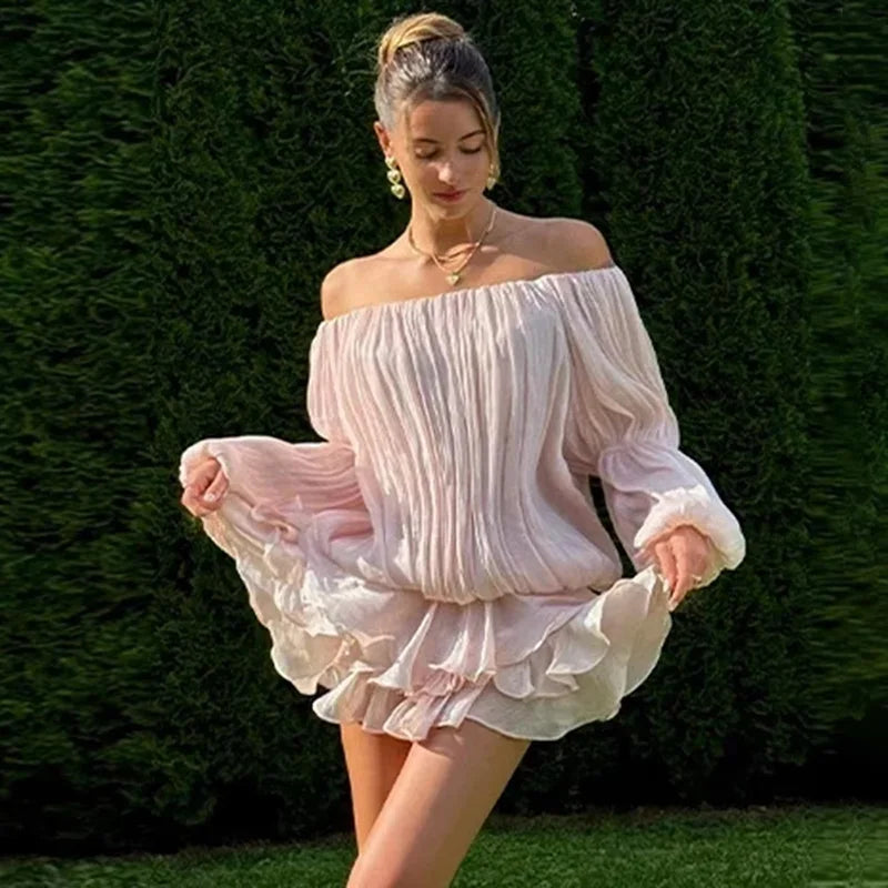Glorol - One Shoulder Pleated Long Sleeve Mini Dress