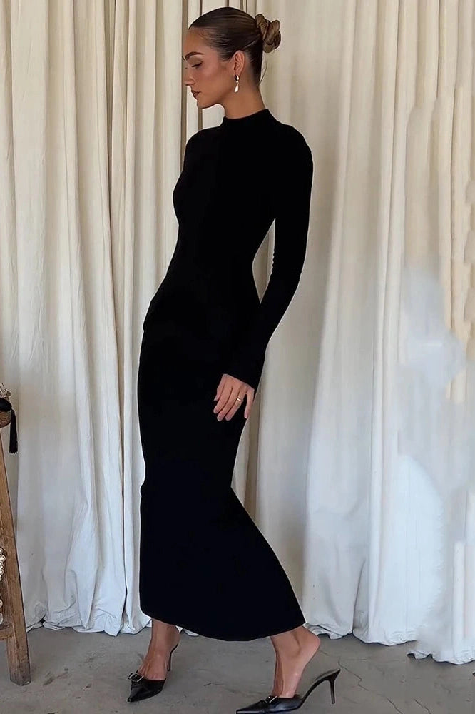 Glorol - Long Sleeve O-Neck Split Bodycon Maxi Dress