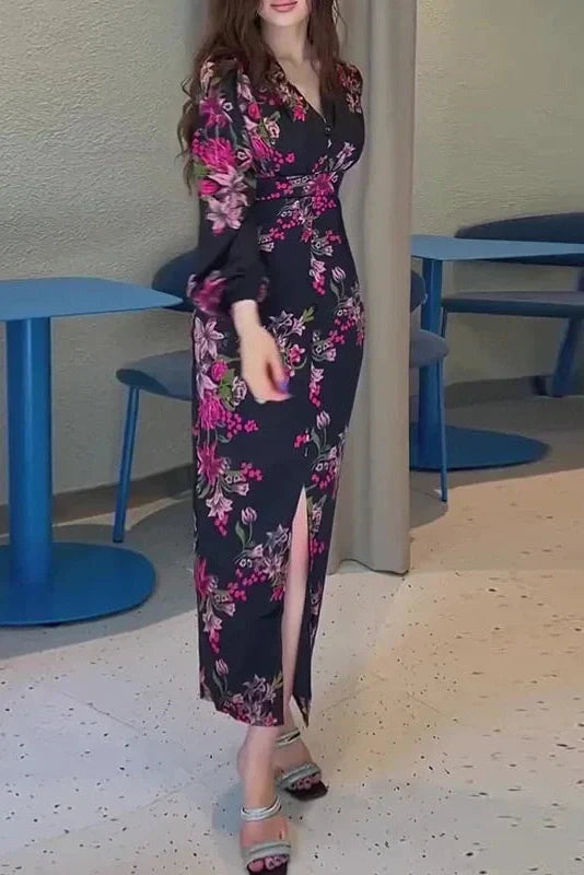 V-Neck Printed Long Sleeve Slim High Waist Maxi Dress