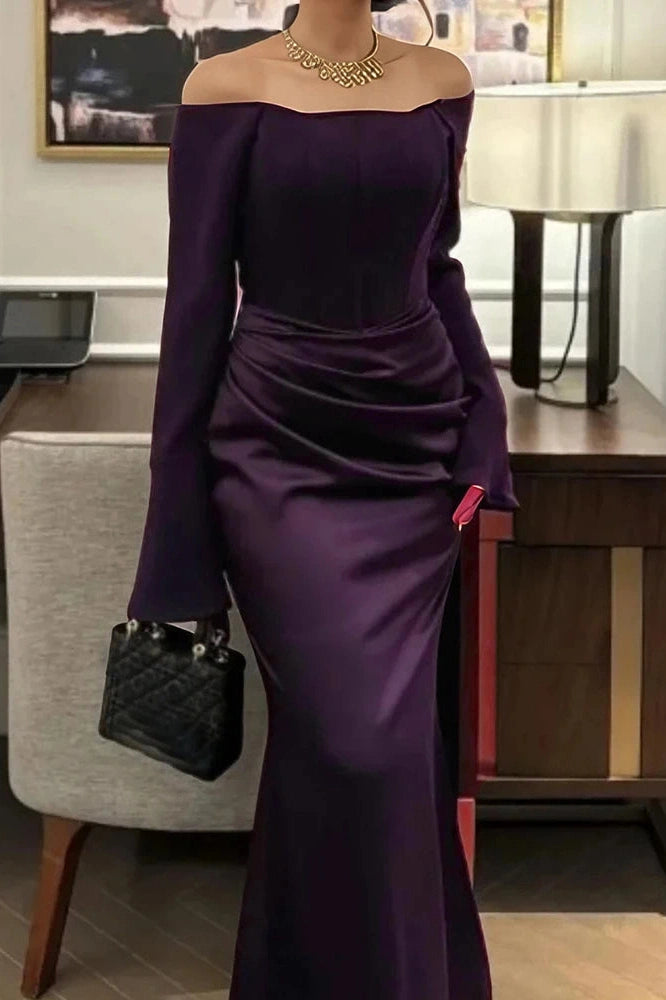 Glorol - Elegant Off-Shoulder High Waist Pleated Maxi Dress