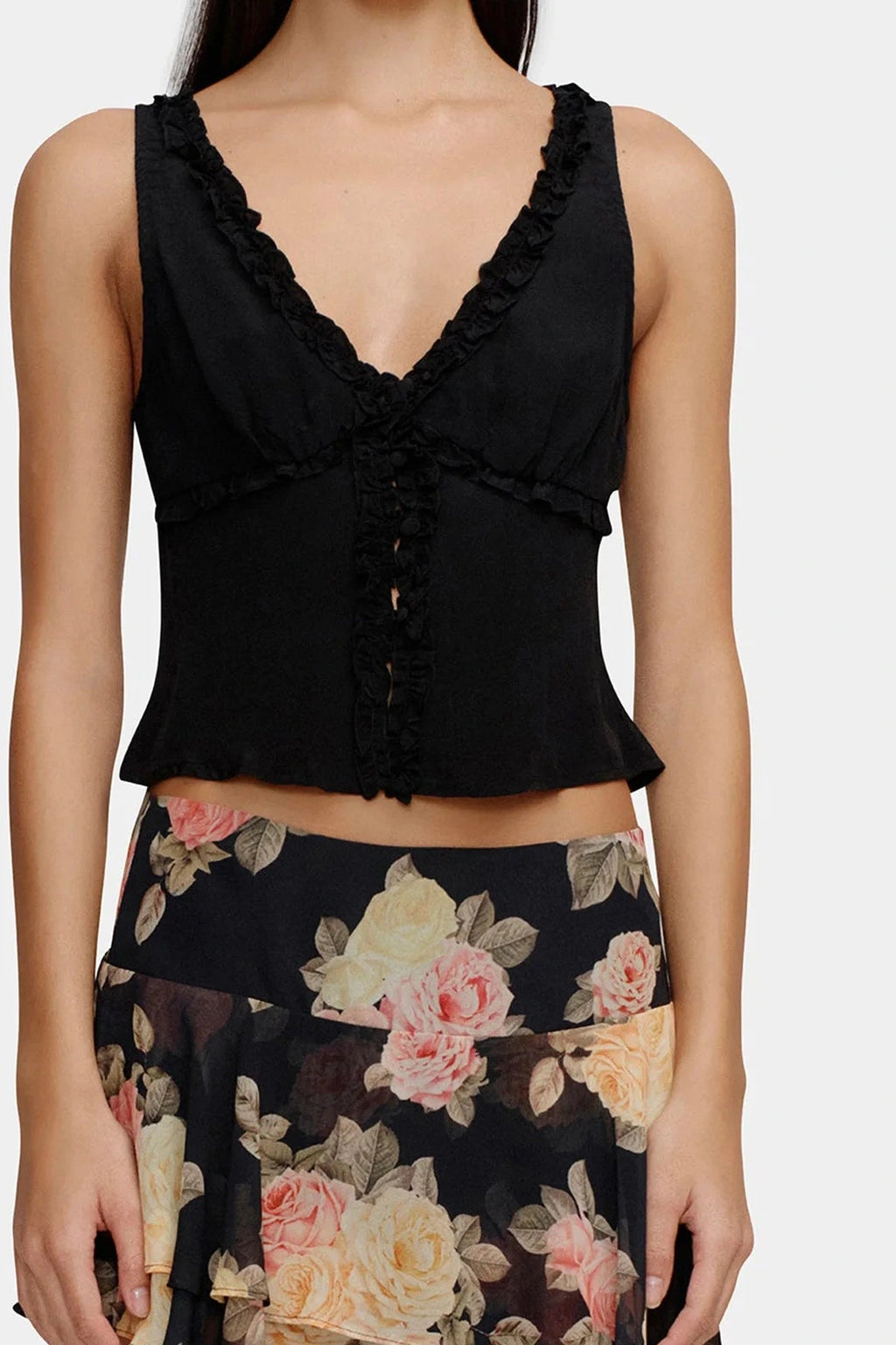 Glorol - Dot Print Deep V-Neck Sleeveless Slim Top