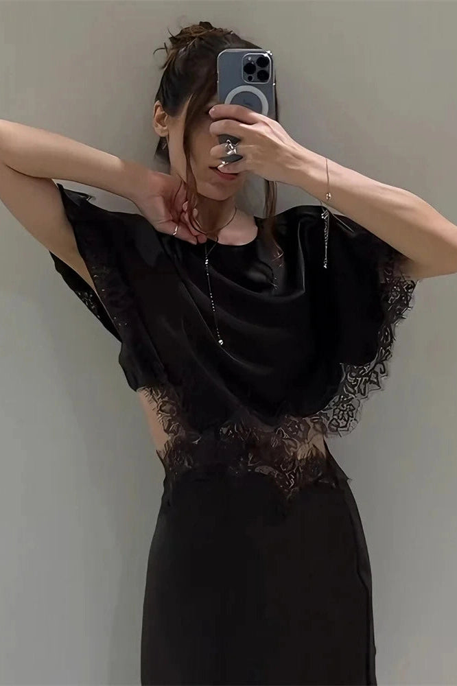 Glorol - Hollow Out Lace Patchwork Short Sleeve Printed Mini Dress