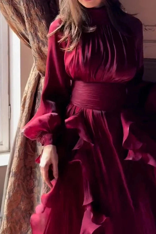 Glorol - Elegant Pleated High Collar Long Sleeve High Waist Maxi Dress
