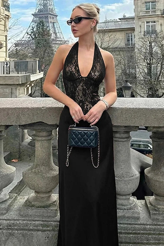 Glorol - Hollow-Out Lace Patchwork Deep V-Neck Maxi Dress