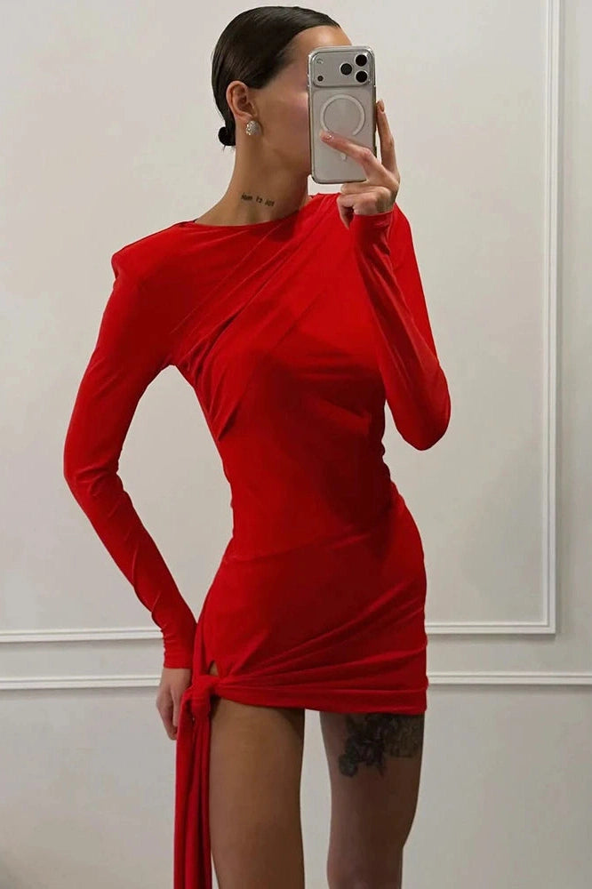 Glorol - Long Sleeve O Neck High Waist Mini Dress