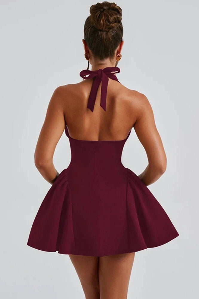 Glorol - Deep V Neck Sleeveless Backless High Waist A-line Mini Dress