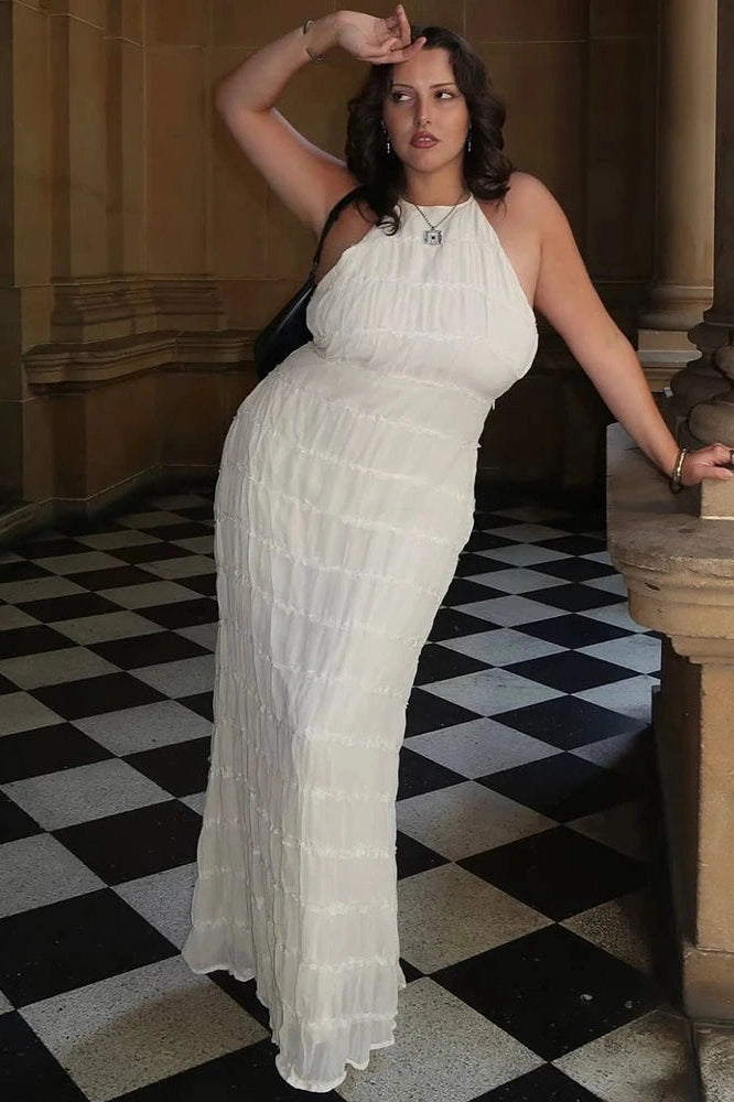 Glorol - Backless Lace-up Sleeveless Pleated Maxi Dress