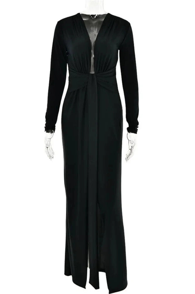Glorol - Deep V Neck Long Sleeve Split Bodycon Maxi Dress