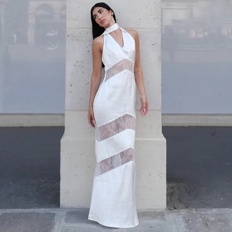 Glorol - Lace Deep V Neck Backless Slim Maxi Dress