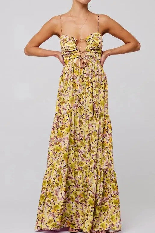 Glorol - Sleeveless Spaghetti Strap Floral Print Maxi Dress
